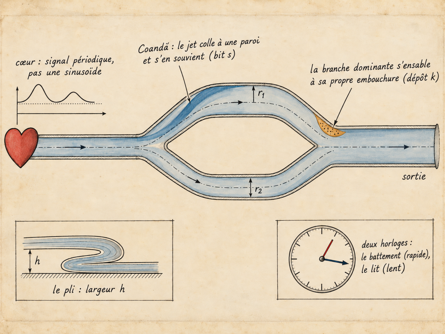 Planche didactique du circuit : cœur périodique, tuyau d'entrée, Y à effet Coandă, deux branches, confluence où un banc de sable ferme l'embouchure de la branche dominante, tuyau de sortie. Deux cartouches : le pli de largeur h, et deux horloges.